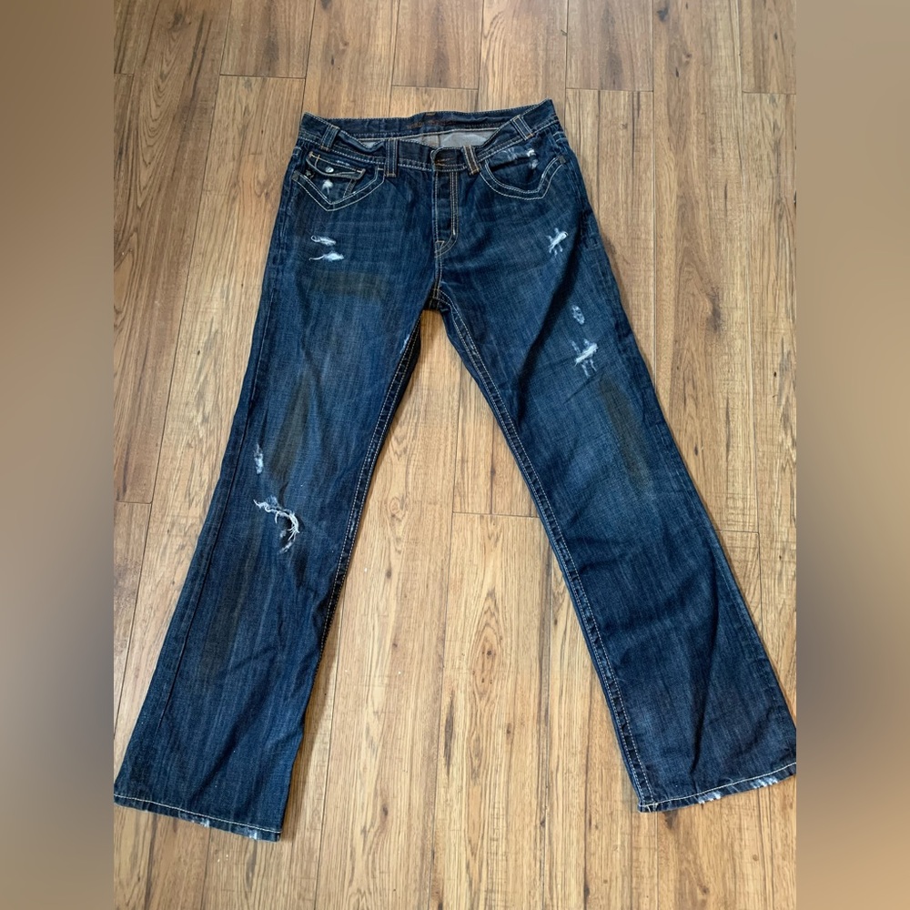 MEK Distressed Denim with Leather Back Pockets Size 36/34